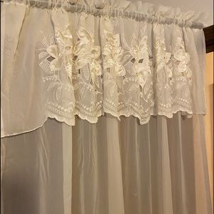 1 panel sheer curtain cream color satin rose designs scalloped bottom